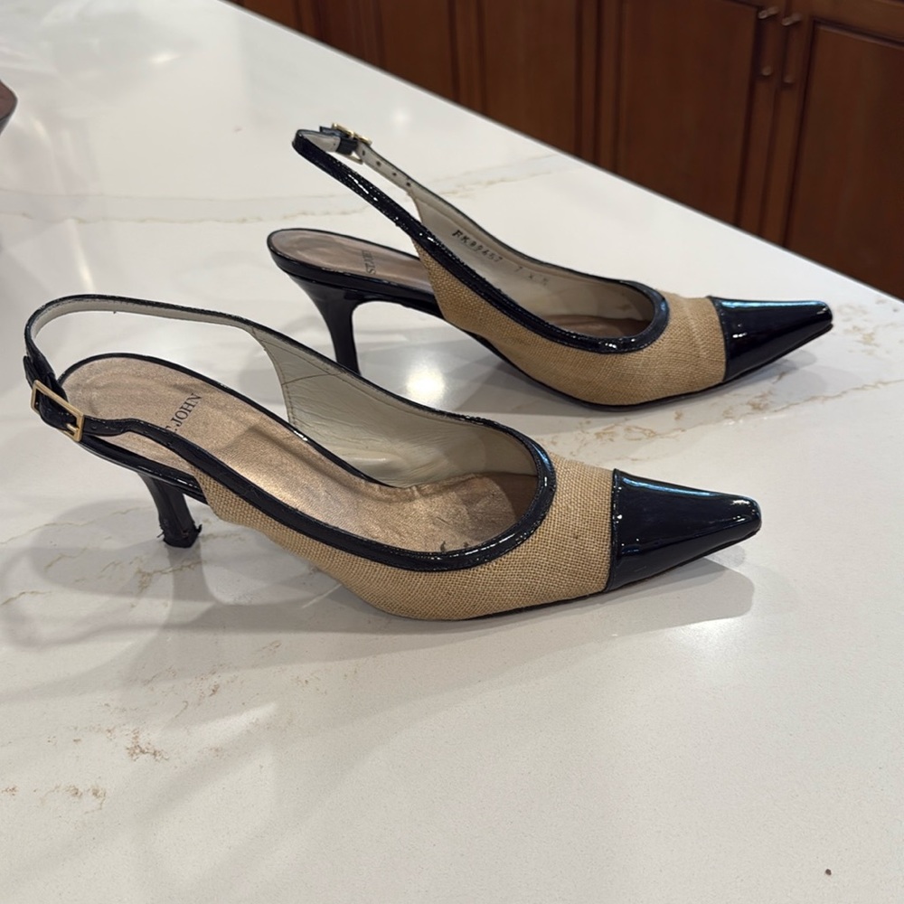 St John patent and linen kitten heels